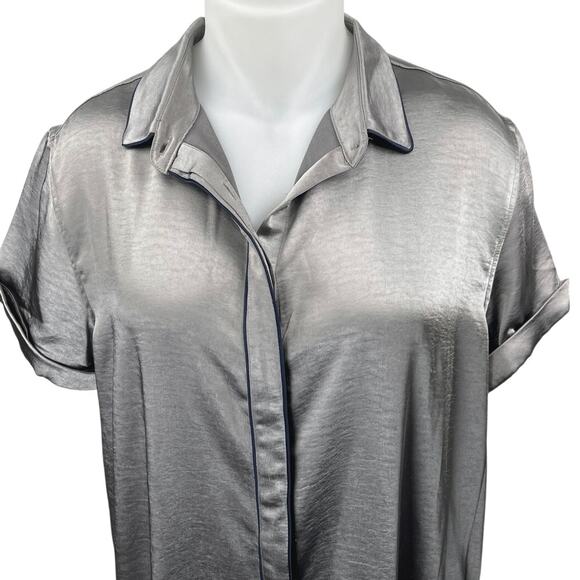 Wild Fang Gray Silver Silk Satin Short Sleeve Button Down Midi Shirt Dress Sz L - Picture 3 of 5